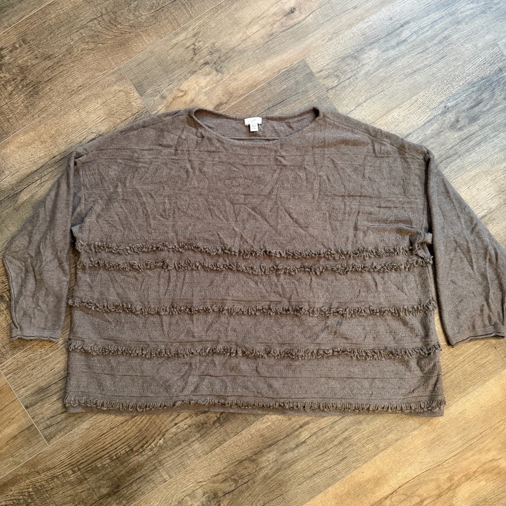 J. Jill Womens 2X Brown Long Sleeve Top Textured Frayed Shaggy Fringe Round Neck